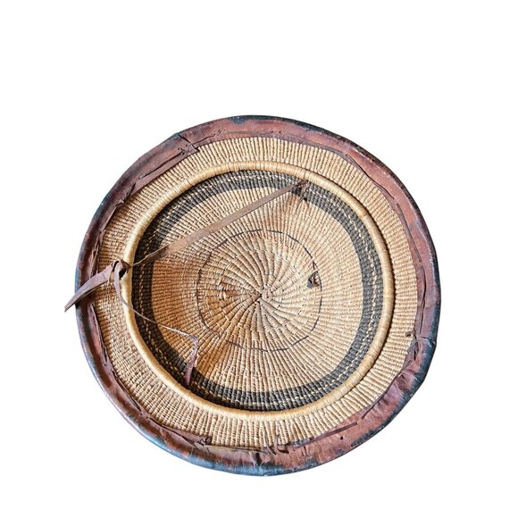 West African Tuareg Fulani Hat Tribal Handmade Leather & Grass Fiber Chin Strap - Picture 7 of 11